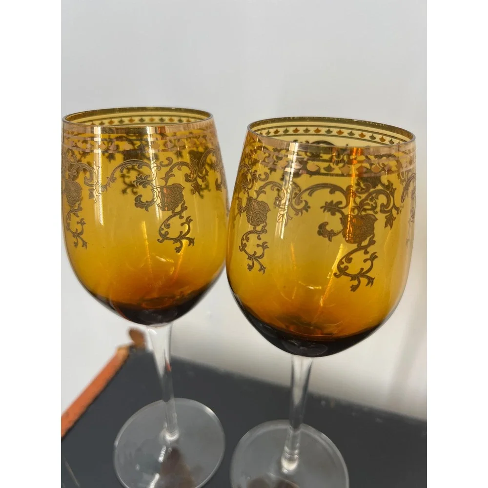 Vintage MCM Amber Glass Decanter Set Gold Encrusted Floral Scroll 4‎ Glasses